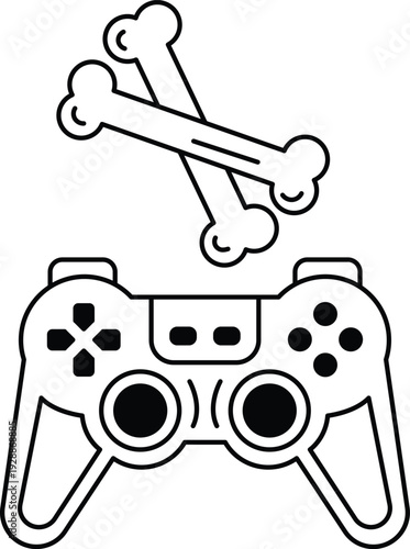 A black and white image of a video game controller with two bones on top of it