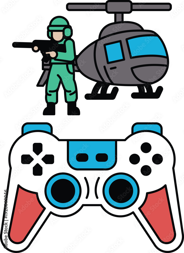 Naklejka premium A soldier is holding a gun and standing next to a helicopter