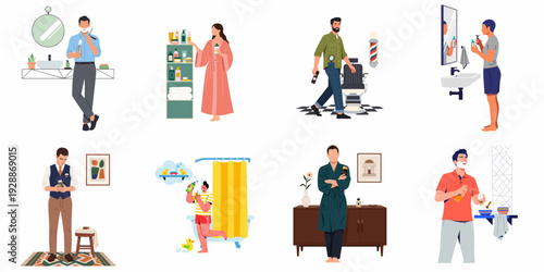 Daily personal care and grooming routines featuring men and women in various hygiene activities like shaving, bathing, and beauty preparations.