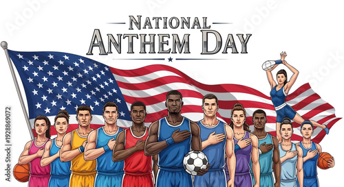 Illustration of diverse athletes standing with the American flag on National Anthem Day in the USA, celebrating patriotism and sportsmanship.