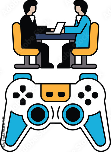 Two men sitting at a table with a laptop and a video game controller