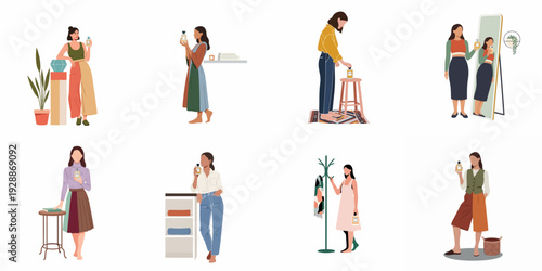 Modern women's daily self-care and beauty rituals, illustrating various moments of applying and enjoying perfume, reflecting personal style and sophisticated lifestyle.