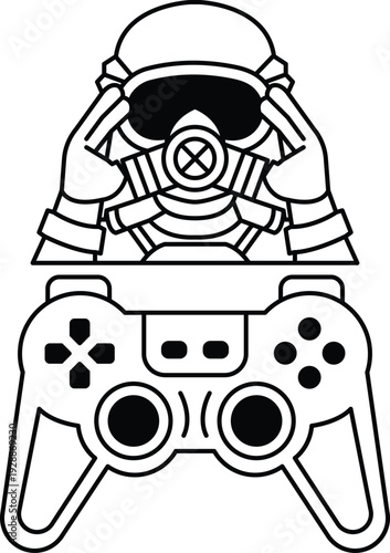A man in a gas mask is holding a video game controller