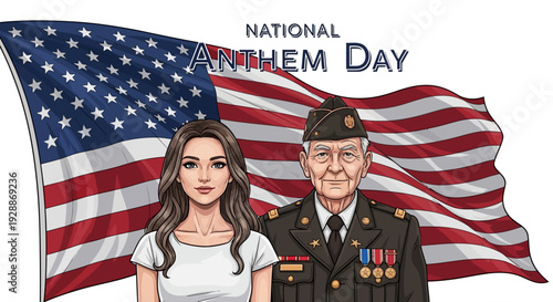 Illustration of a young woman and an elderly man in military uniform standing in front of a waving American flag on National Anthem Day in the USA.