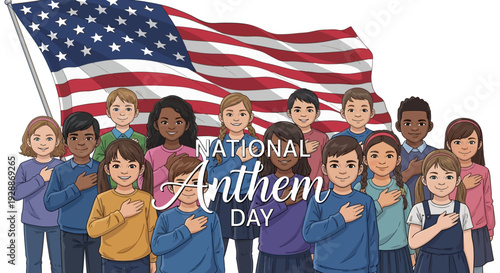 Illustration of diverse people standing with hands on hearts celebrating National Anthem Day USA on March 3 with a large American flag waving in the background.