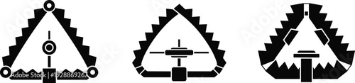 Stylized mechanical triangle symbols with jagged edges and internal components, industrial vector illustration design for engineering artwork projects