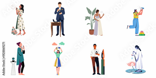 Diverse individuals engaging with perfumes and fragrances, from luxurious application to joyful discovery and natural self-care moments, highlighting beauty and sensory experience.