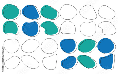 Colorful abstract shapes arranged in a grid pattern on a white background