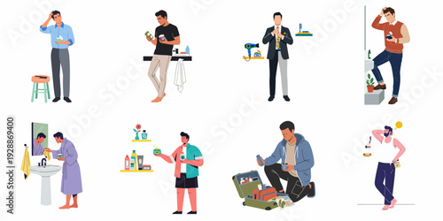 Diverse Men Performing Daily Personal Grooming, Self-Care, and Beauty Routines with Various Products Illustrations