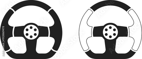 Steering wheel icon set, black and white automotive symbols for driving, vehicle control, racing and transportation