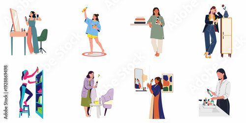 Everyday moments of women using beauty, health, and cleaning products at home and in daily routines.