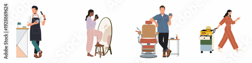 Diverse illustrations of professionals and individuals performing hair care, barbering, and beauty routines with essential tools and products.