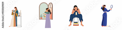 Women's Diverse Self-Care and Beauty Rituals: A Flat Illustration Collection of Skincare, Haircare, and Wellness Routines.