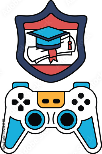 A black and white drawing of a video game controller and a graduation cap