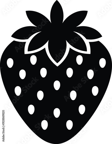 Stylized strawberry silhouette with leafy crown, dotted seeds, black and white fruit design, abstract vector illustration, healthy eating concept