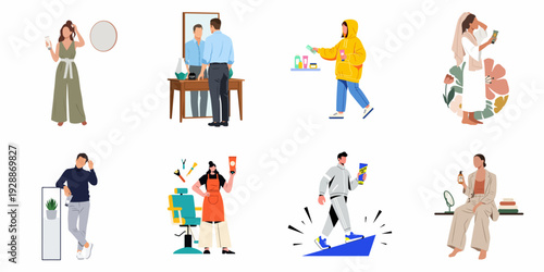 A vibrant collection of illustrations depicting diverse individuals engaged in various beauty, grooming, and self-care routines, from haircare to skincare and professional styling.