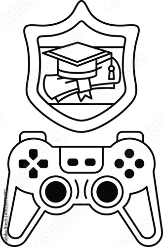 A black and white drawing of a video game controller and a graduation cap
