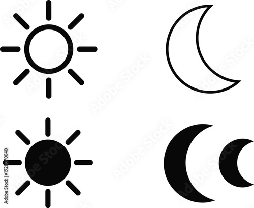 Sun and moon icons, day night symbols, celestial graphic design, light dark illustration, astronomy logo set, cosmic cycle representation