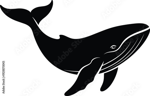 Stylized whale silhouette side profile, raised tail fin, streamlined body, abstract marine vector illustration, symbolic ocean wildlife design concept