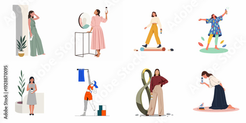 Illustrated women embracing self-care, wellness, and modern lifestyle. Diverse characters showcase daily routines with beauty and personal care products.