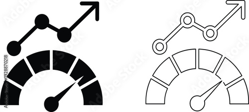 Performance growth icon set, speedometer with rising line graph for success, marketing progress and data analytics