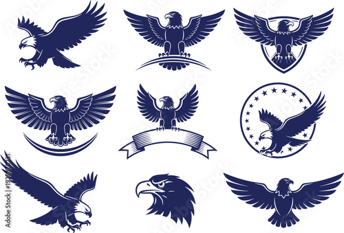 Stylized eagle emblems with wings spread, patriotic vector illustration designs featuring shields stars and banners for heraldic artwork projects