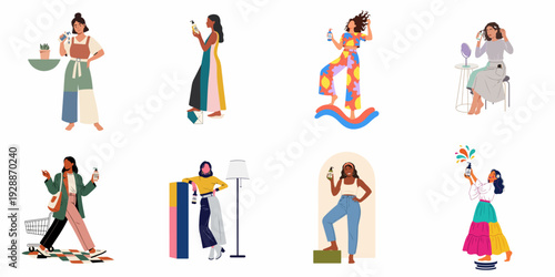 Diverse women embracing natural beauty and hair care routines with various cosmetic products in vibrant, modern illustrations.