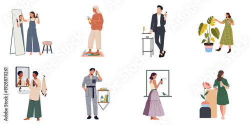 Diverse people performing daily self-care and beauty routines with various spray products and grooming items in flat illustration.