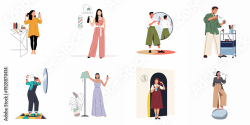Collection of illustrations depicting diverse individuals engaged in hair care, styling, and grooming routines, both professionally in salons and barbershops, and personally at home.