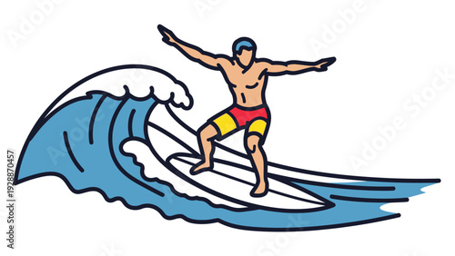 Dynamic surfer riding a powerful ocean wave, showcasing athleticism and the thrill of water sports on a sunny day with vibrant energy