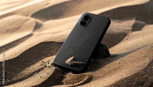 Black smartphone resting on sand dunes in a desert landscape.