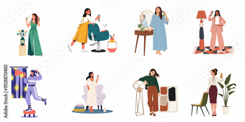 Diverse women embracing beauty and personal care routines, including hair styling, skincare, and fragrance application, in various contemporary settings and fashion.