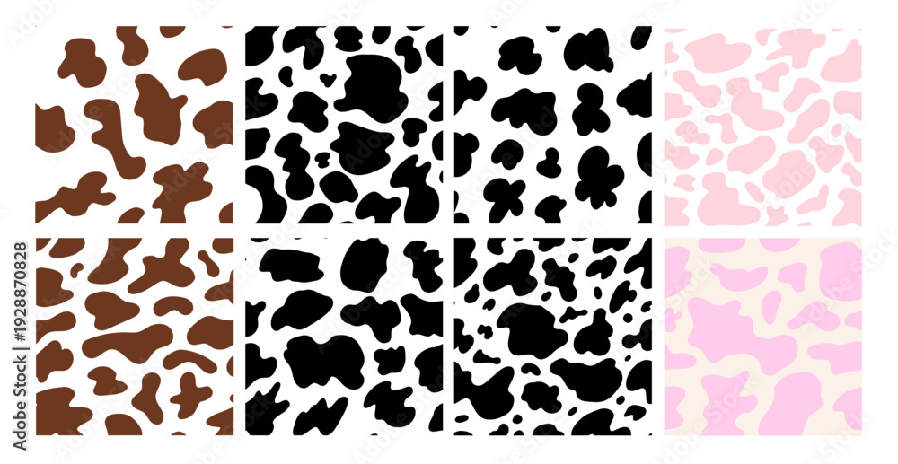 Fototapeta premium Cattle Cow Stain Seamless Pattern Set. Cow Spot Texture Animal Skin Surface Pattern Kit. Vector Animalistic Repeat Background