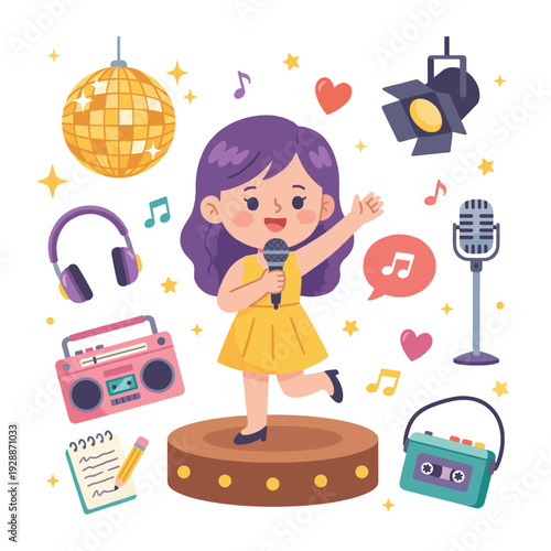 Cute Little Girl Singer Popstar Musical Elements Set
