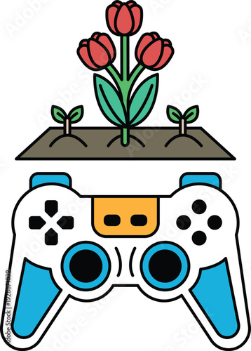 A black and white image of a video game controller with a flower on top of it