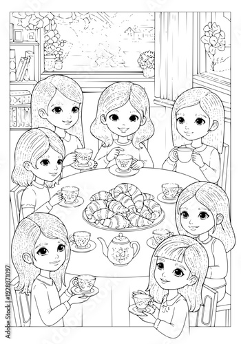The girls had a tea party. Coloring page.