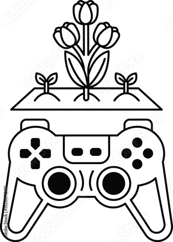 A black and white image of a video game controller with a flower on top of it