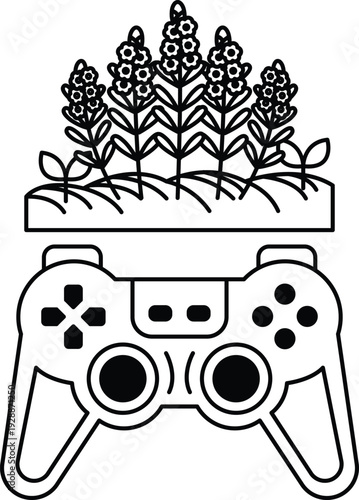 A black and white image of a video game controller with a flower on top of it
