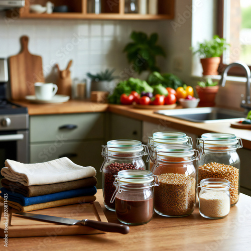 “Eco-friendly kitchen scene with reusable glass jars, cloth bags, fresh produce, plants, sustainable lifestyle concept, daylight, high clarity, earthy tones – Adobe Stock ready”