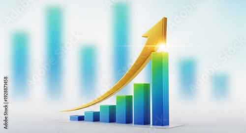 Golden arrow pointing upwards on a bar graph showing financial growth.