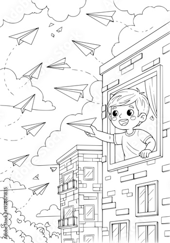 A boy launches paper airplanes from a window at home. Coloring page.