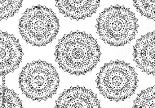 Intricate black and white mandalas arranged in a seamless pattern on a plain surface