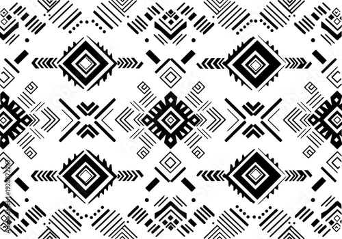 Geometric pattern featuring diamond shapes and tribal designs in black and white, seamless texture