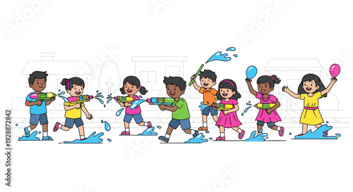 Children Playing Water Guns Splashing Colors