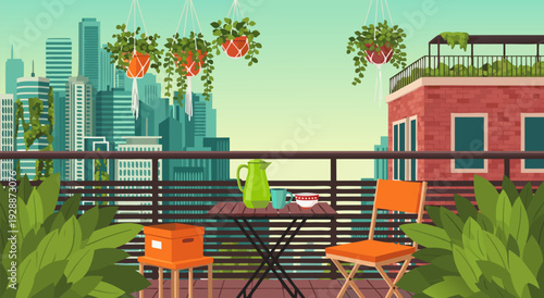 Vector illustration of orange chairs and green table on lush rooftop patio overlooking skyline