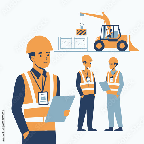 Professional engineers or construction workers in safety vests collaborating and planning on a construction site with heavy machinery in the background