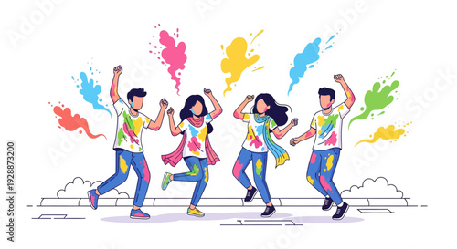 Friends Dancing in Vibrant Holi Colors