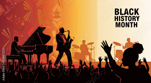 Vector illustration of silhouetted performers and crowd at vibrant Black History Month concert festival