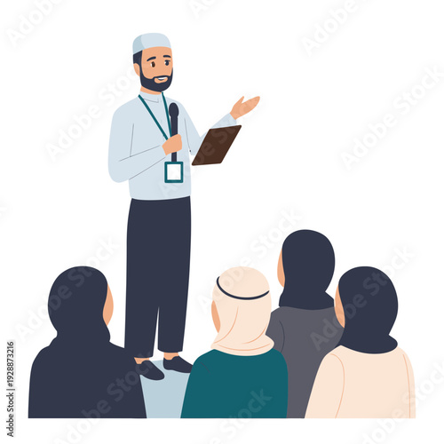 Islamic speaker addressing a crowd during a lecture or presentation, vector illustration