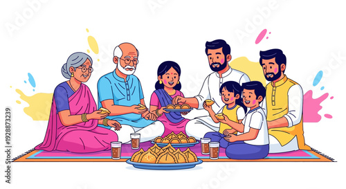 Generational Indian Family Holi Sweet Sharing